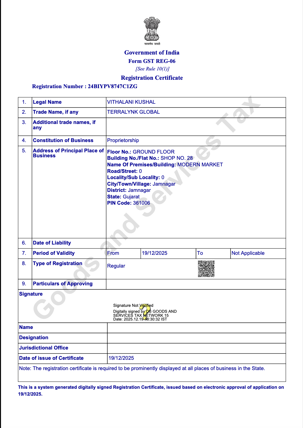 GST Registration Certificate – Terralynk Global