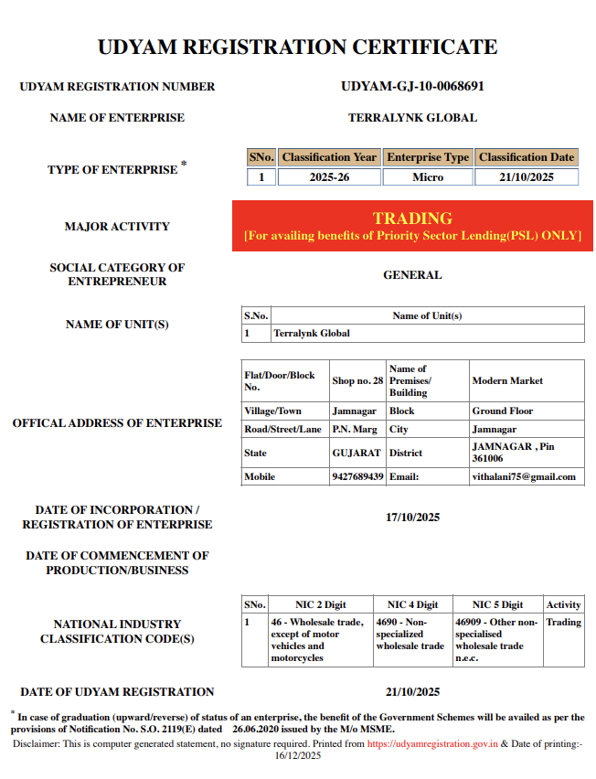 Udyam MSME Registration Certificate – Terralynk Global